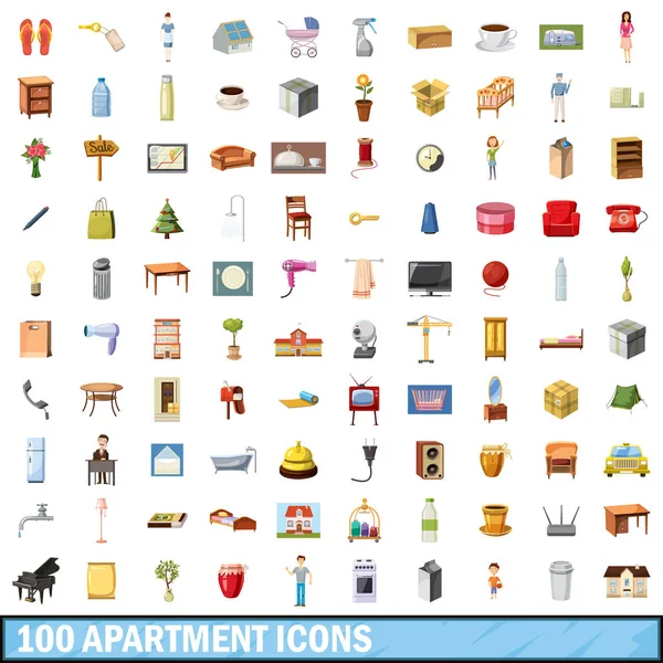 Τα εικονίδια διαμέρισμα 100 σύνολο, κινούμενα σχέδια στυλ — Διανυσματικό Αρχείο