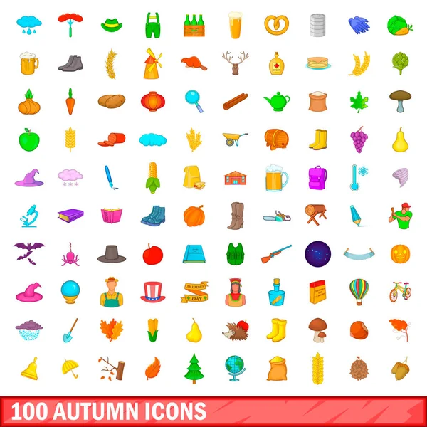 100 iconos de otoño conjunto, estilo de dibujos animados — Vector de stock