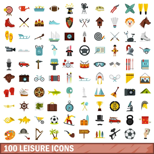 100 iconos de ocio, estilo plano — Archivo Imágenes Vectoriales