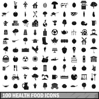 100 sağlık gıda Icons set, basit tarzı