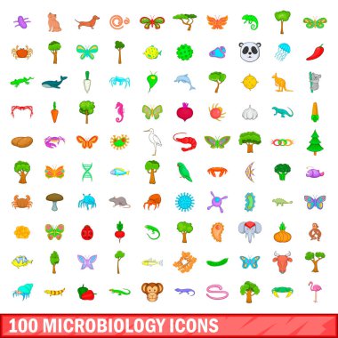 100 Mikrobiyoloji simgeler ayarla, tarzı çizgi film
