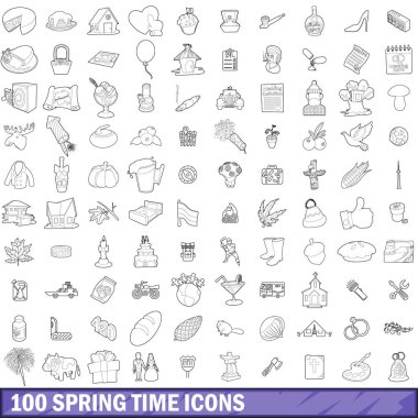 100 bahar zaman Icons set, anahat stili