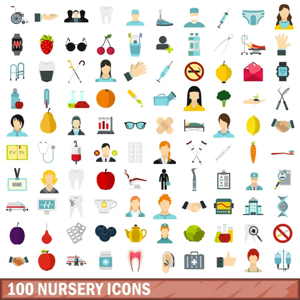 100 conjunto de iconos de vivero, estilo plano — Vector de stock