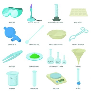 Kimyasal laboratuvar araçları Icons set, karikatür tarzı