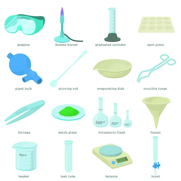 Outils de laboratoire chimique icônes ensemble, style dessin animé — Image vectorielle