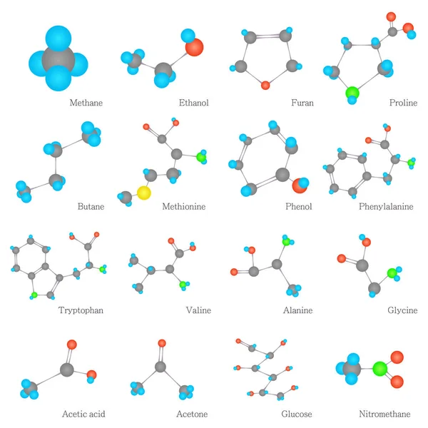 Moléculas sustancias iconos conjunto, estilo plano — Vector de stock