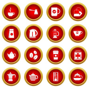 Çay ve kahve simge kırmızı daire seti