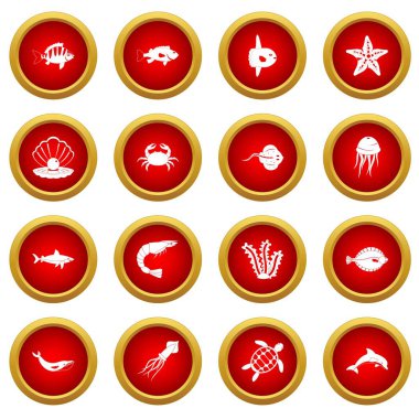 Deniz hayvanları simge kırmızı daire seti