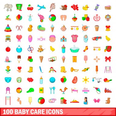100 bebek bakım simgeleri ayarla, tarzı çizgi film