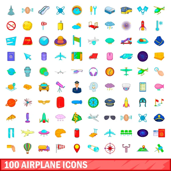 100 піктограм літака, мультиплікаційний стиль — стоковий вектор