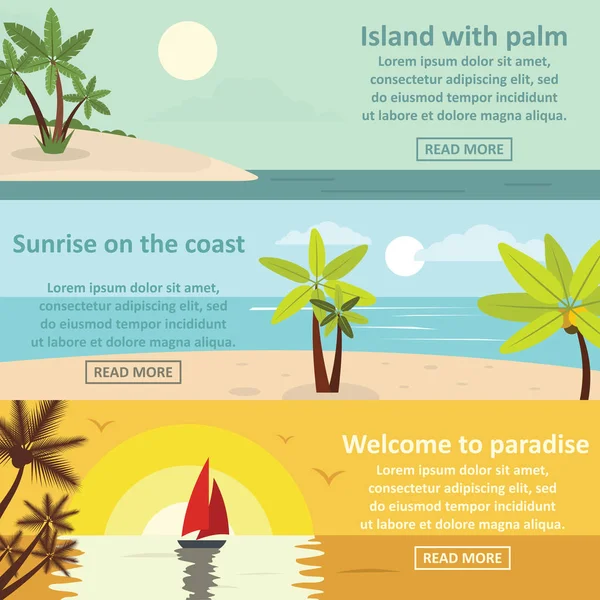 Banner de descanso de la costa de palma conjunto horizontal, estilo plano — Vector de stock