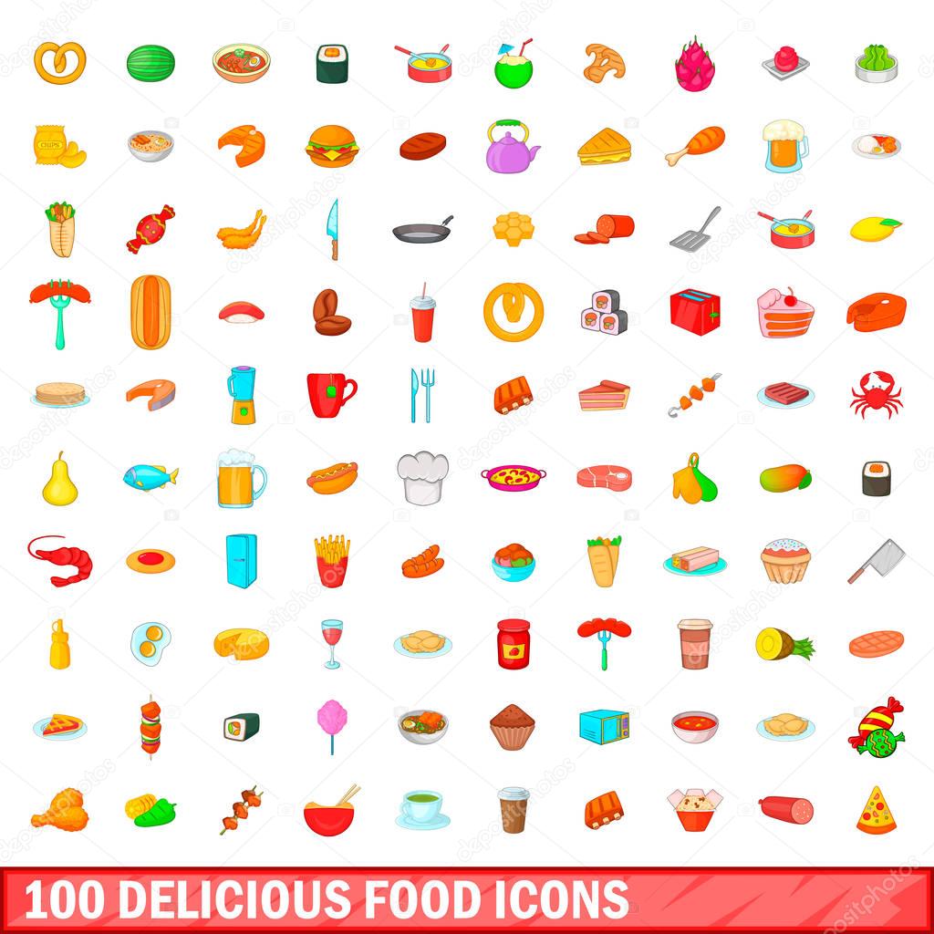 100 delicious food icons set, cartoon style