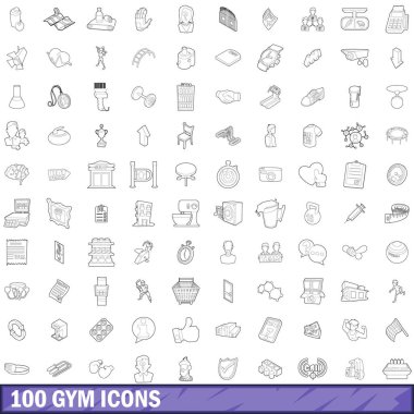 100 spor salonu Icons set, anahat stili