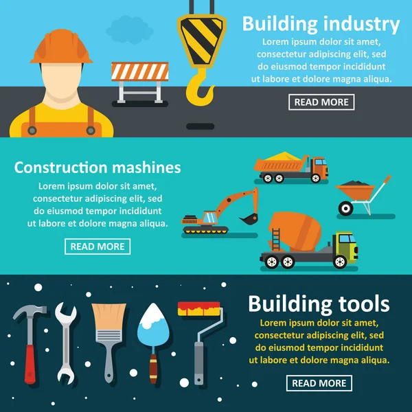 Ensemble horizontal de bannière d'outils de construction, style plat — Image vectorielle