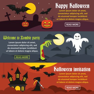 Mutlu Cadılar Bayramı afiş horizonatal seti, düz stil