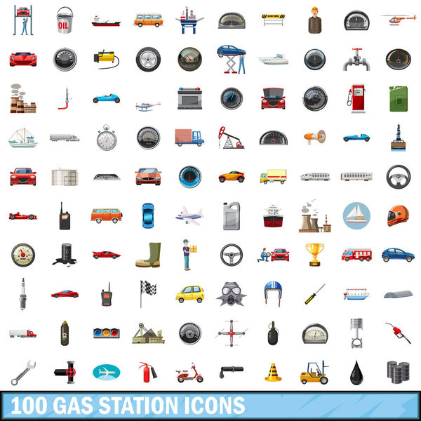 100 иконок АЗС, мультяшный стиль
