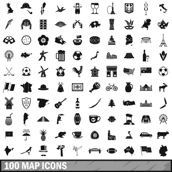 100 map icons set, simple style — Stock Vector