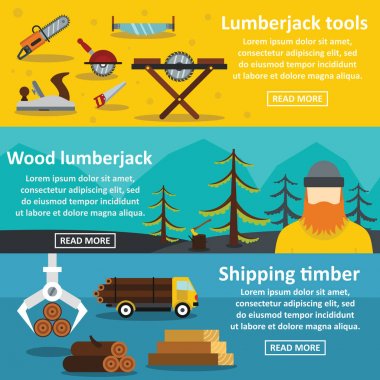 Oduncu araçları yatay seti, düz stil banner