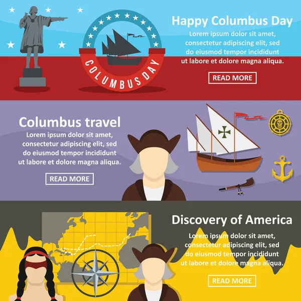 Columbus Day banner conjunto horizontal, estilo plano — Archivo Imágenes Vectoriales