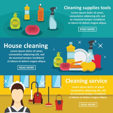 Temizlik araçları yatay seti, düz stil banner