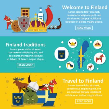 Finlandiya seyahat afiş yatay seti, düz stil