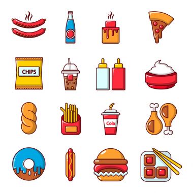Fast food Icons set, karikatür tarzı