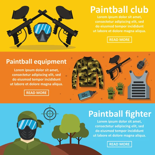 Paintball club baner poziomy zestaw, płaski styl — Wektor stockowy