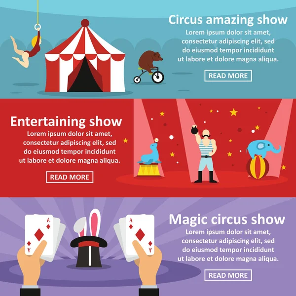 Circus banner horizontale set, vlakke stijl weergeven — Stockvector