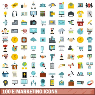 100 e-pazarlama Icons set, düz stil