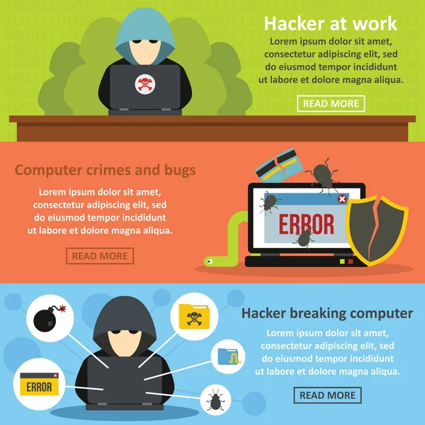 Hacker romper banner conjunto horizontal, estilo plano — Vector de stock