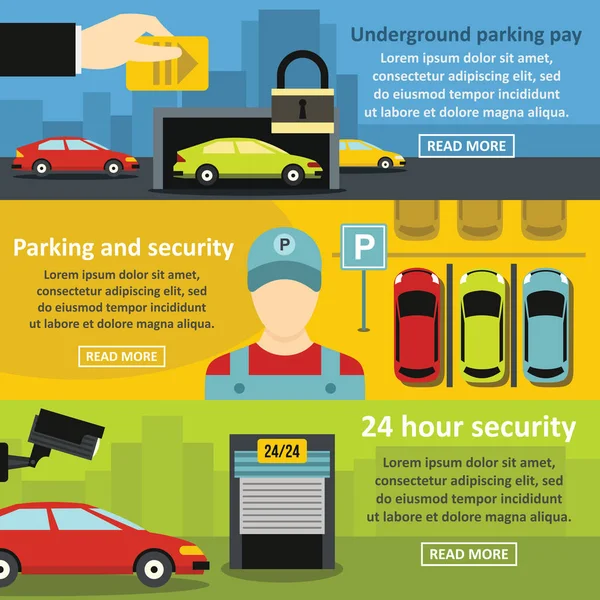 Estandarte de segurança de estacionamento conjunto horizontal, estilo plano —  Vetores de Stock