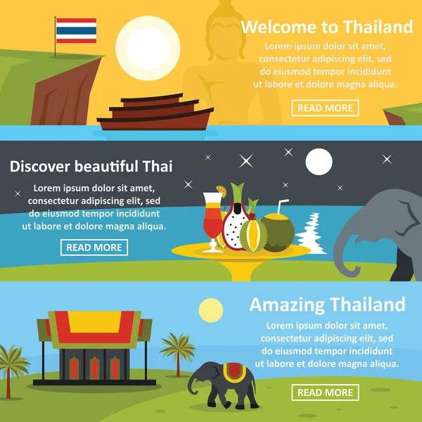 Tayland seyahat afiş yatay seti, düz stil — Stok Vektör
