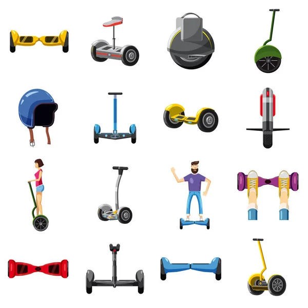 Conjunto de ícones de equilíbrio de scooter, estilo cartoon —  Vetores de Stock