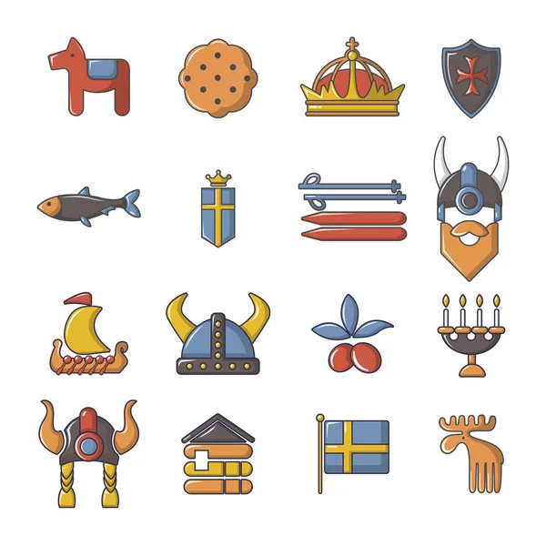 Suecia conjunto de iconos de viaje, estilo de dibujos animados — Vector de stock