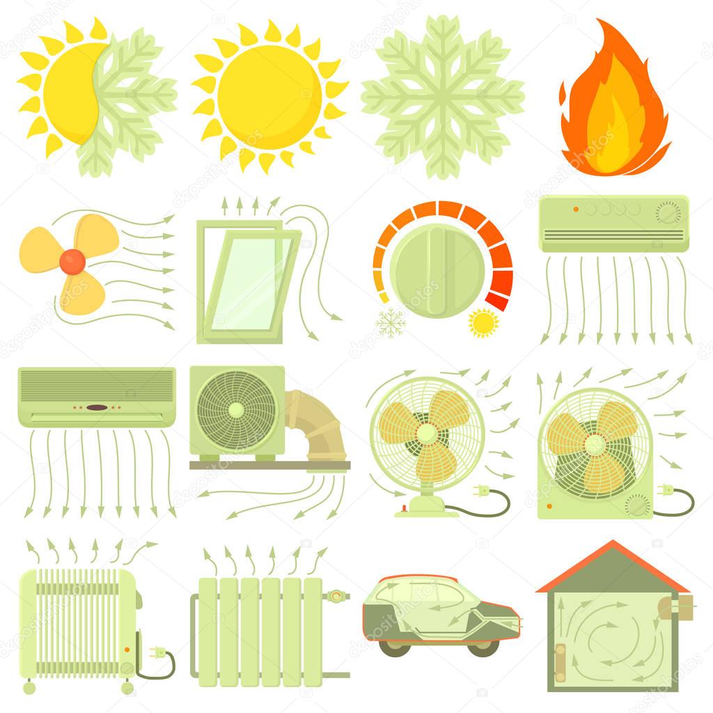 Heat cool air flow tools icons set, cartoon style