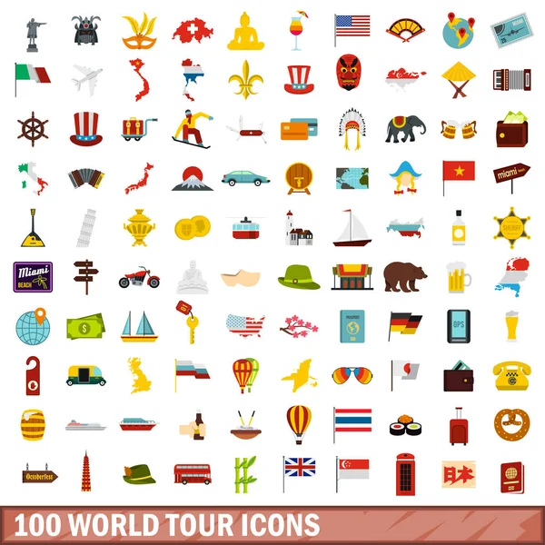 100 Weltreise-Ikonen gesetzt, flacher Stil — Stockvektor