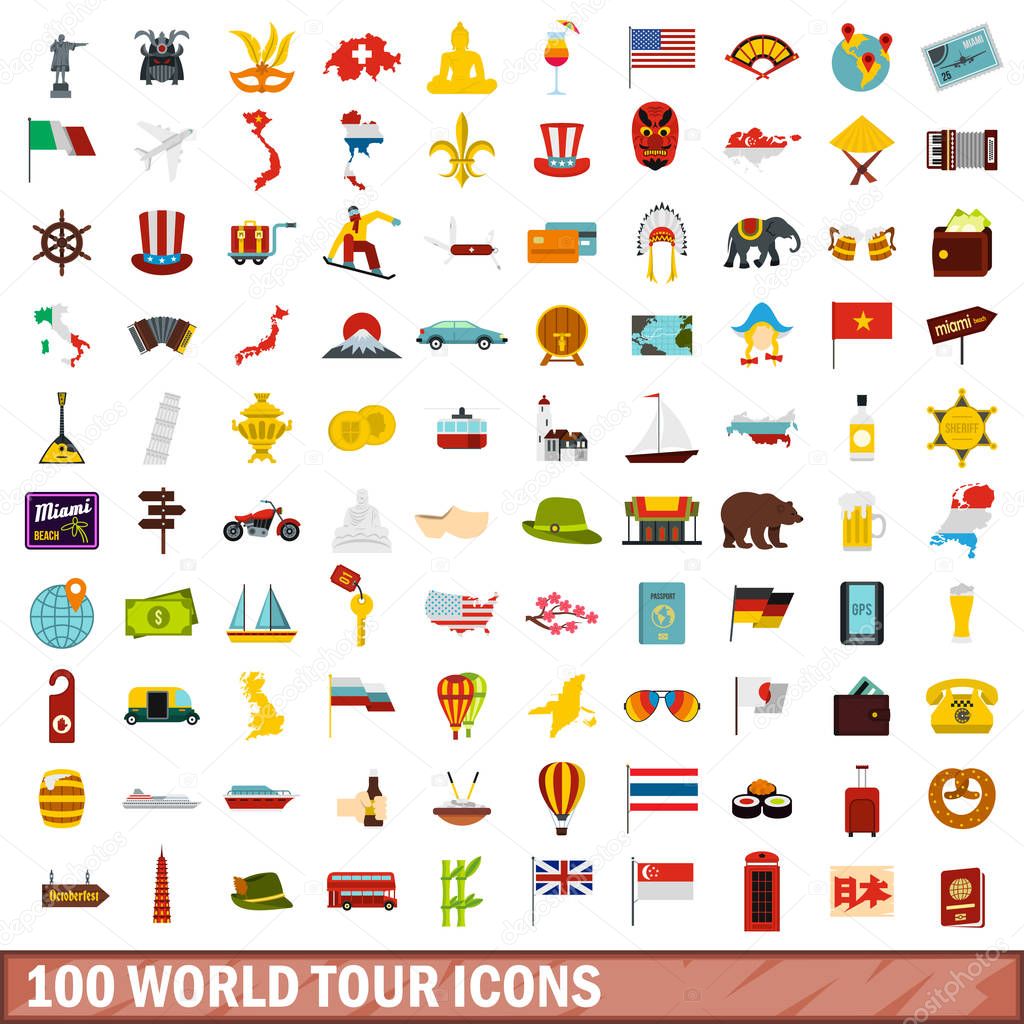 100 world tour icons set, flat style
