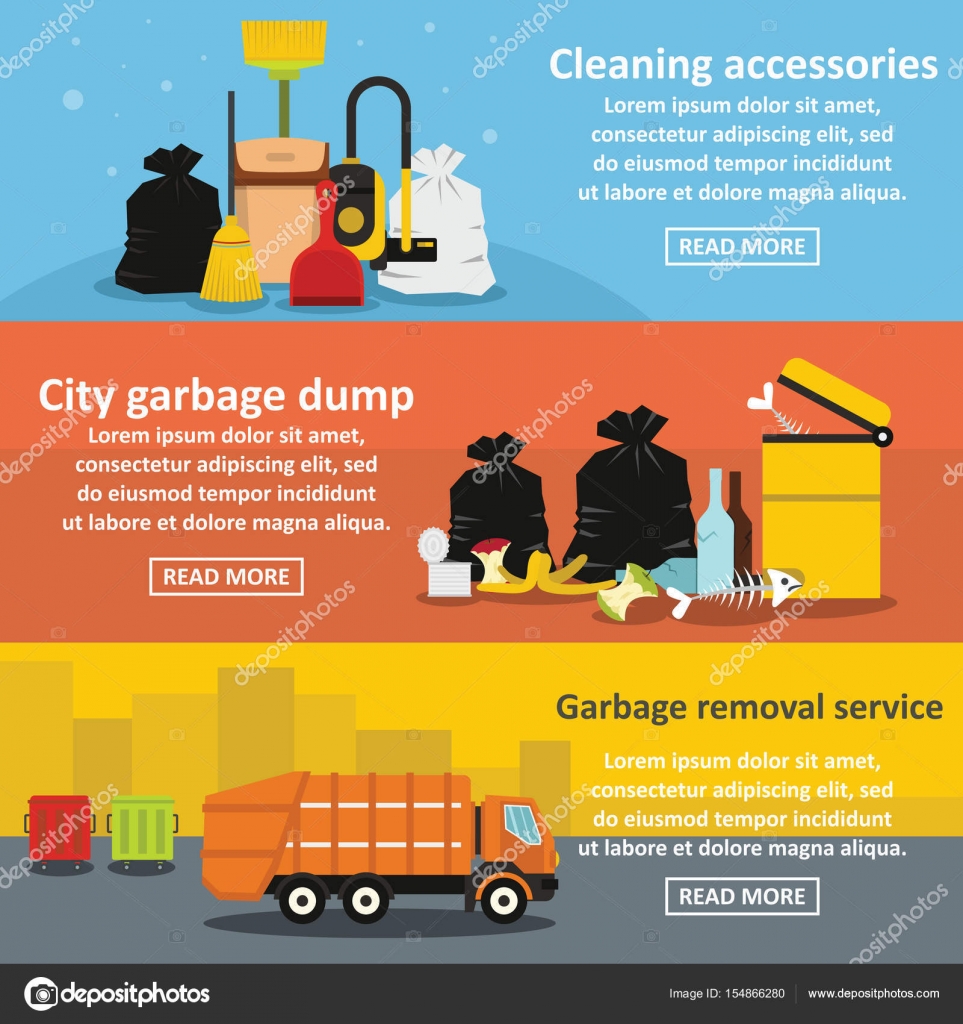 Garbage service banner horizontal set, flat style Stock Vector Image by
