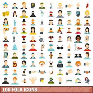 100 halk Icons set, düz stil