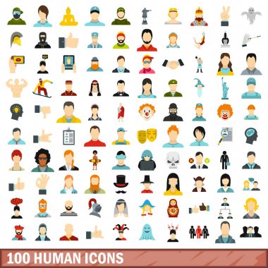 100 insan Icons set, düz stil