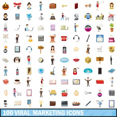 100 viral Icons set, pazarlama tarzı çizgi film