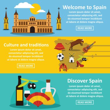 İspanya seyahat afiş yatay seti, düz stil