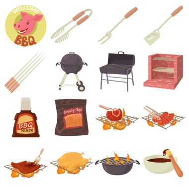 Barbekü araçları Icons set, karikatür tarzı