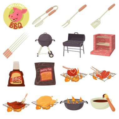 Barbecue tools icons set, cartoon style clipart