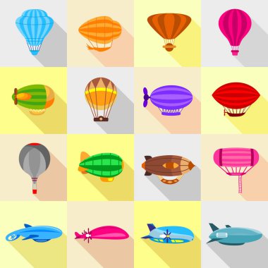 Zeplin balonlar Icons set, düz stil