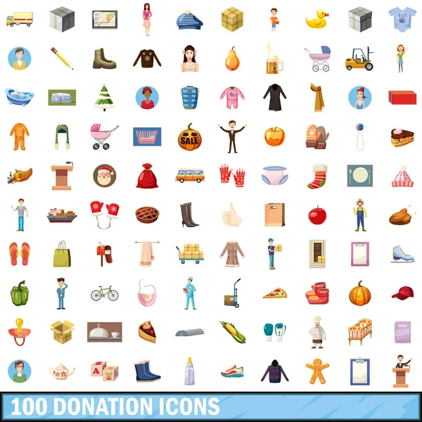 Conjunto de 100 iconos de donación, estilo de dibujos animados — Vector de stock