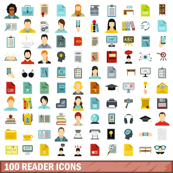 Conjunto de 100 iconos de lector, estilo plano — Archivo Imágenes Vectoriales