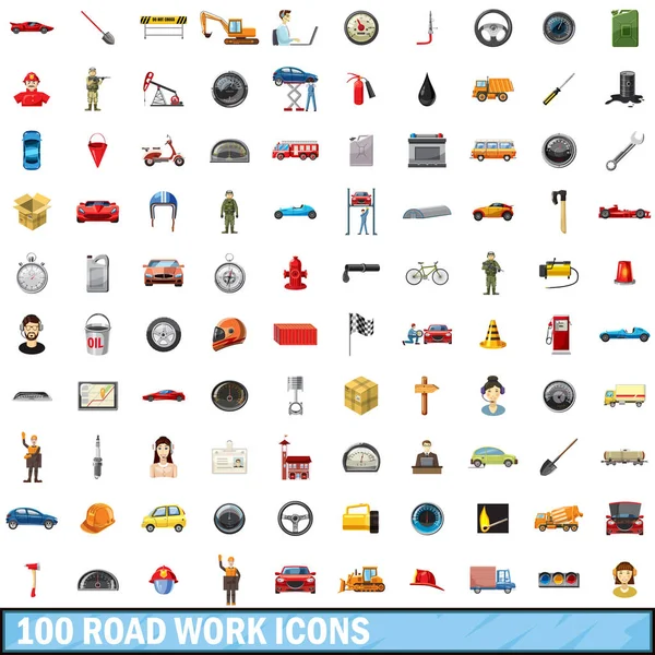 100 iconos de trabajo en carretera conjunto, estilo de dibujos animados — Vector de stock