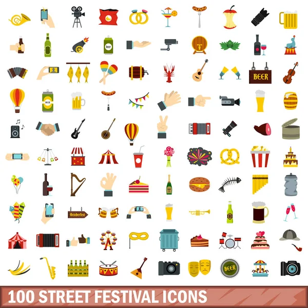100 street festival icons set, flat style — Stock Vector