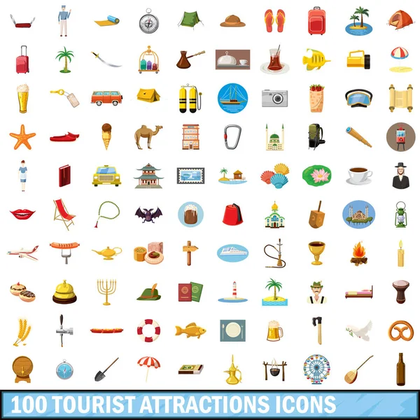 Набор иконок для 100 туристических достопримечательностей, стиль мультфильма — стоковый вектор